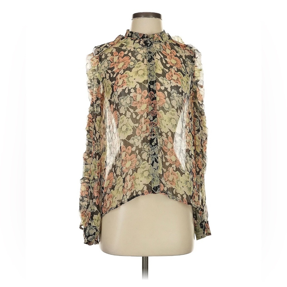 KOOPLES flowery button down shirt/top/blouse w/cutout sleeves flowy size 3/LARGE